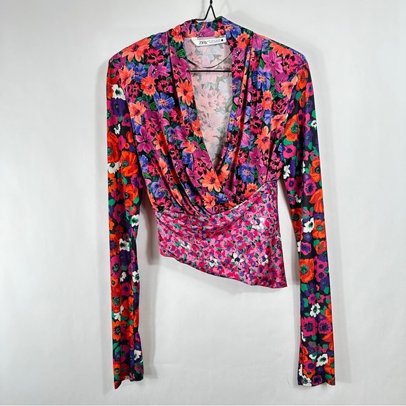Zara Floral V-Neck Wrap Top - Multicolor | US Size Small - Picture 2 of 12